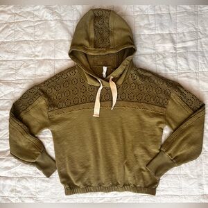 Daily Practice Robyn Moss Olive Green Crochet Lace Hoodie Boho Lagenlook - Small